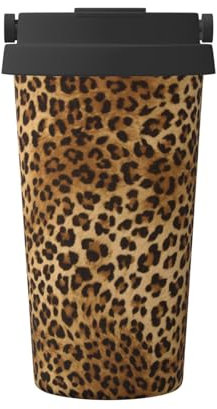 Taza de café aislada de doble capa con estampado de leopardo de acero inoxidable, taza de viaje multifuncional