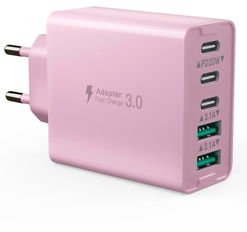 Chargeur USB C, Bloc de Charge 5 Ports, 50W Multi USB C Station de Charge, Multiport Type C Chargeur, Chargeur Rapide PD, Compatible avec iPhone 12/13/14/15/Samsung S24/S23/S22/tablette (Rose)