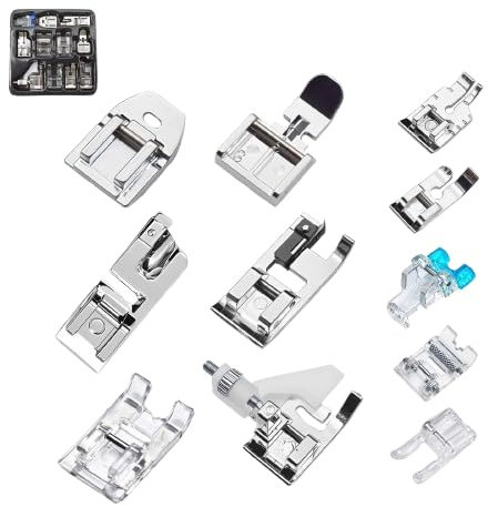 Qxiao Lot de 11 pieds biche universels pour machine à coudre - Kit de pieds de biche multifonctions pour ourlet - Accessoires pour tige basse Brother Singer Babylock Janome Toyota