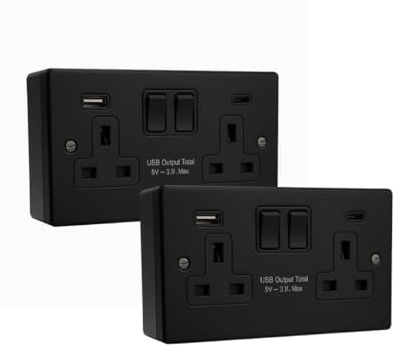 Matt Black 3mm Metal Plate 2-Gang Switched Socket with USB A & USB C Fast Charging Ports + 35mm Surface Pattress Box – 2 Pack | Modern Flat Plate, Durable Steel, Smart Charge Technology, Easy Install