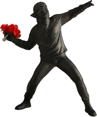MiniGlypture Banksy Skulptur Der Blumenwerfer, Resin Figur, Schwarz mit Roten Rosen, Street-Art Deko für Wohnzimmer (Schwarz)
