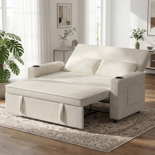 JUMMICO Schlafsofa 2 Sitzer klein Sofa mit Schlaffunktion,69T x 141B cm | Schlafsofa mit bettkasten Schlafcouch mit Kissen Cord-Bezug Für Wohnzimmer Schlafzimmer,Beige
