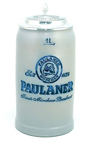 Bavariashop Steinkrug Paulaner salzglasiert mit Zinndeckel - 1,0 Liter - salzglasierter Keferloher Bierkrug