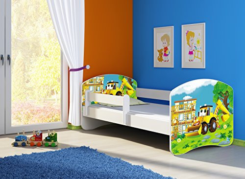 CLAMARO 'Fantasia Weiß' 140 x 70 Kinderbett Set inkl. Matratze und Lattenrost, mit verstellbarem Rausfallschutz und Kantenschutzleisten, Design: 20 Bagger