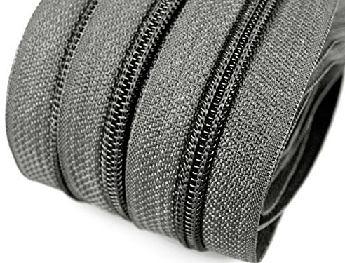 6 m endlos Reißverschluss 5 mm Laufschiene + 15 Zipper Meterware teilbar Farbwahl (mittelgrau)