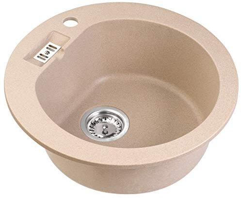 Luccio Granit Spüle Einbauspüle Spültisch Spülbecken rund inkl. Ablaufgarnitur, Korbventil, Siphon und Schablone in Beige