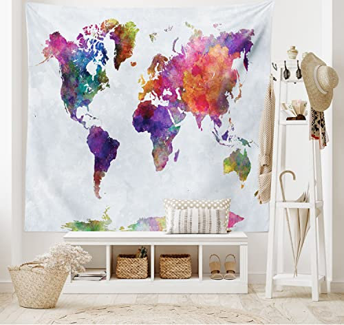 ABAKUHAUS Aquarell Wandteppich und Tagesdecke, Bunte Weltkarte aus Weiches Mikrofaser Stoff Waschbar ohne Verblassen Digitaldruck, 230 x 140 cm, Lila Magenta