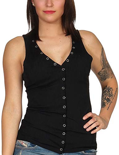 Jela London Damen Tank-Top V-Ausschnitt Deko Knopfleiste RIPP-Optik Stretch Sommer, Schwarz 40 (L)