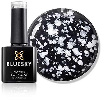 Bluesky Snowflake No Wipe Top Coat 10ml, Clear Gel with White Flakes | Cures to a high shine with no sticky layer to remove, so it saves a step. Scatter it over any shade for a wintry finish.