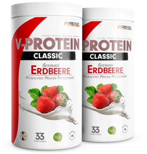 Vegan Protein Pulver ERDBEERE 2x1kg - V-PROTEIN - Pflanzliches Eiweißpulver auf Erbsenprotein-Basis mit 73,1% Eiweiß-Gehalt - optimale Protein-Wertigkeit - veganer Protein-Shake ohne Soja & Weizen