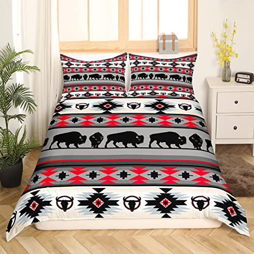 Homewish Azteken Bettwäsche Set 155 x 220 cm Southwestern Highland Cow Bettbezug Cowgirl Cowboy Longhorn Bull Cattle Bettbezug Western Animals Bettset Farmhouse Wildlife Boho Decor Schwarz Rot Grau