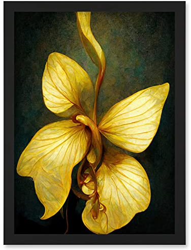 Doppelganger33 LTD Single Detailed Golden Yellow Orchid Flower Artwork Framed Wall Art Print A4