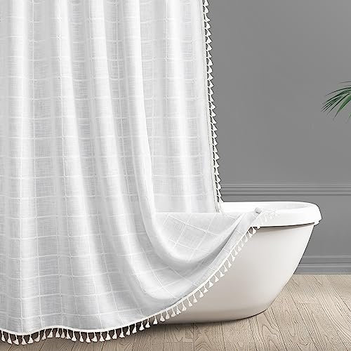 Awellife Rideau de douche de style rustique bohème avec pompons, style shabby chic, décoration de salle de bain, tissu épais texturé gaufré avec crochets, 183 x 183 cm, blanc
