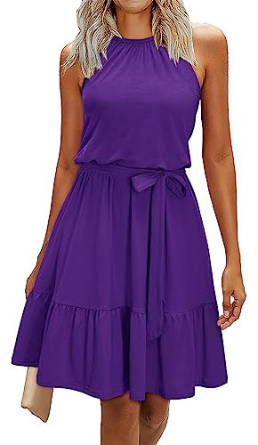 Newshows Robe d'été pour Femme col Licou Ceinture décontractée sans Manches Robe de Plage avec Poches(Violet, L)