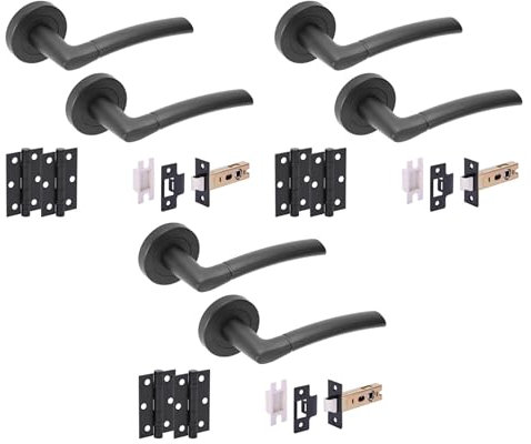 Hunta HANDLEZONE® 3 Sets Neemo Internal Door Handles on Rose Lever Latch Packs with Ball Bearing Hinges - Black Matt
