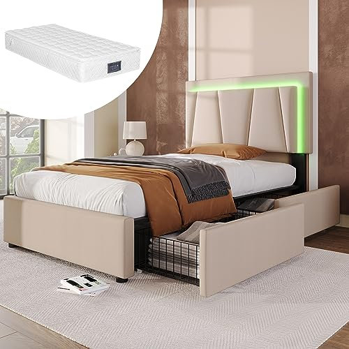 Polsterbett 90x200, LED Einzelbett mit 2 Schubladen und Höhenverstellbarem Kopfteil, Bett Jugendbett Stauraumbett Funktionsbett Rückenlehne Bettgestell mit Holz Lattenrost, Leinen, Mit Matratze,Beige