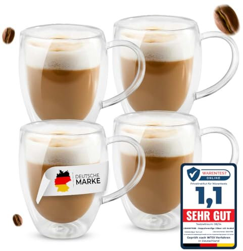 Lemontree 4er Set Latte Macchiato Gläser 350ml - doppelwandige Gläser mit Henkel - Design Kaffeetassen - Teegläser hitzbeständig, Cappuccino Tassen aus Borosilikatglas