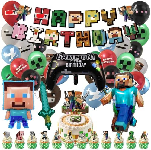 Milygobam 30pcs Birthday Decorations for Boys Girls,Happy Birthday Balloon,Gaming Party Decorations,Cake Topper,Foil Balloons,Gaming Theme Party Supplies Decoration