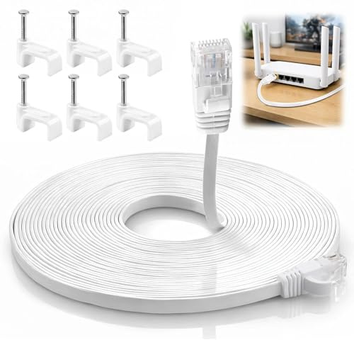Wufaa Ethernet Cable 10M, Cat 6e/ Cat 6 Long LAN Cable, High Speed 10Gbps 250Mhz/s Patch Cord Flat Internet Cable Gigabit RJ45 Network Cable for Router Modem PS5 PS4 Patch Panel Switch (100 Clips)