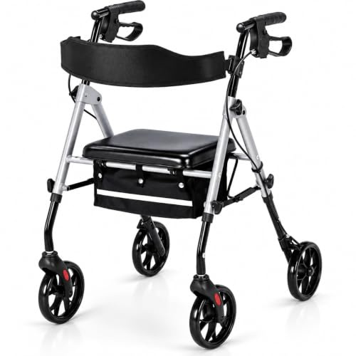 LIFERUN Rollator Faltbar und Leicht mit Sitz, Stabiler Gehwagen Rollatoren | 4 ×20cm All-Terrain Reifen, 8-fach Sitz und Griff Höhenverstellbar Gehhilfe mit Rückenlehne & Großer Tasche, für Senioren