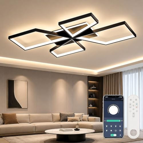 OTREN Deckenlampe Wohnzimmer, LED Deckenleuchte mit Fernbedienung, 78CM 65W | Schwarz Geometrische Deckenlampe Dimmbar 3000K–6500K mit APP , Moderne Wohnzimmerlampe für Esszimmer & Schlafzimmer