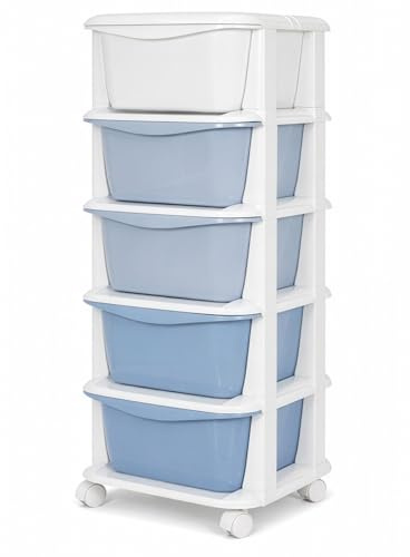 GREENSAPPIRE Kids Storage Organizer with 5 Drawers, Slim Plastic Vertical Storage Chest with Wheels, Space-Saving 5-Tier Toy & Clothes Storage for Playroom, 36×36×89cm (Blue,White)