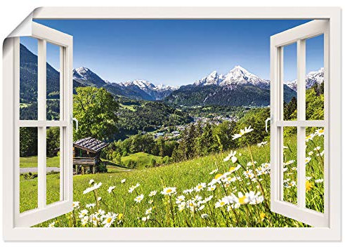 ARTLAND Wanddeko Poster & Kunstdrucke Wandposter 130x90 cm Fensterblick Fenster Alpen Landschaft Berge Wald Gebirge Wiese Natur T5TQ