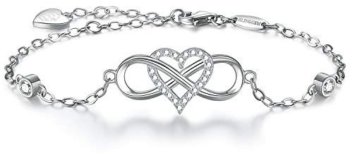 BlingGem Damen Armband Infinity aus Weißgold vergoldet 925 Sterling Silber mit Rundschliff Zirkonia Unendlichkeit Herz Bettelarmband Frauen Für Immer Zusammen Geschenk Frauen