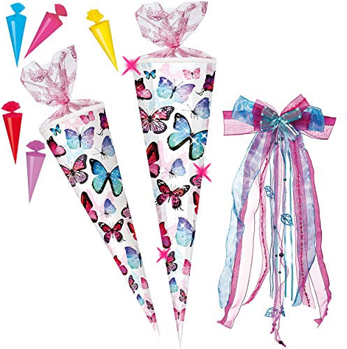 alles-meine.de GmbH Set große XL - Schultüte + 5 kleine Zuckertüten - Schmetterling - bunt - 100 cm - 12 eckig - incl. große Schleife - Organza - Tüllabschluß - Zuckertüte - Ne..