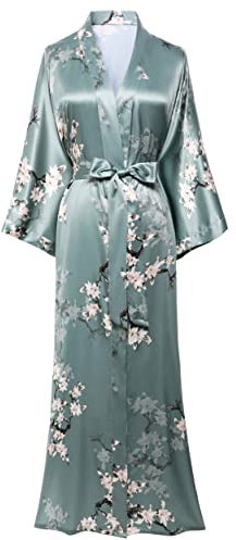 BABEYOND Damen Morgenmantel Maxi Lang Seide Satin Kimono Kleid Pfau Muster Kimono Bademantel Damen Lange Robe Schlafmantel Girl Pajama Party 135cm Lang