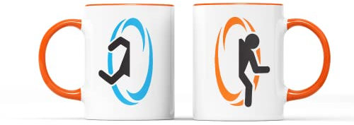 WillowGifts Portal Jump Mug - Novelty Video Game Gamer Merchandise Merch Puzzle Platform Fun Nerdy Nerd Geek Blue Orange Gift Present Tea Coffee Cup Christmas Birthday (Orange Handle)