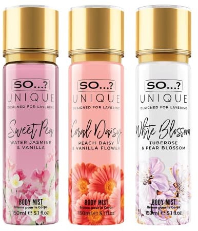 So…? Unique Womens Summer Breeze Bundle Sweet Pea, Coral, White Blossom Body Mist Spray Mixed Fragrance Set 150ml (Pack of 3)