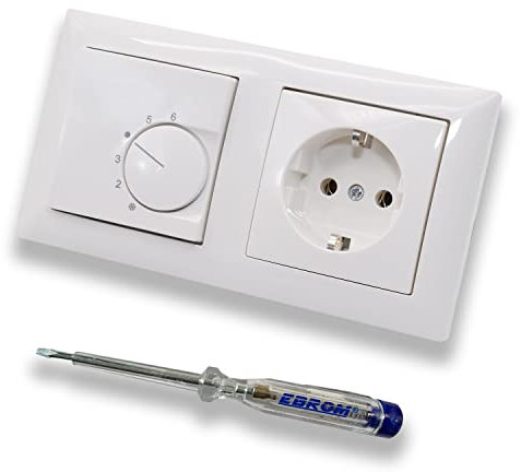Halmburger UP Raumthermostat Raumtemperaturregler RTR-5510rg in Busch Jäger Balance SI alpinweiß Rahmen 1722-914 + Steckdose 20EUC-914 inkl. EBROM Phasenprüfer zur Montage der Geräte RTR-5510 (rg)