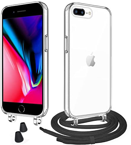 WenBaby Funda con Cuerda con iPhone 7 Plus/iPhone 8 Plus, Case para Teléfono con Cordón, Carcasa Transparente para Teléfono con Collar, Anti-Caída (Negro)