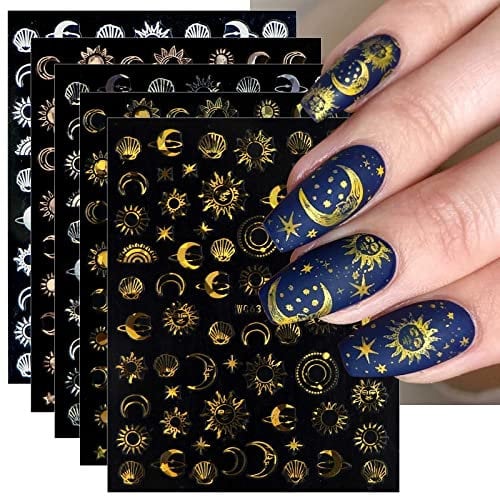 JMEOWIO 10 Sheets Moon Star Sun Nail Art Stickers Decals Self-Adhesive Colorful Rose Gold Nail Supplies Nail Art Design Decoration Accessories
