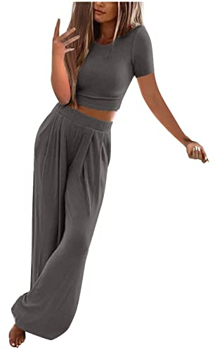 AMhomely Womens Ribbed Knitted 2 Piece Set - Short Sleeve Crop Top With Wide Leg Trousers - Tunic Top + Pleated Pants Co-Ords Ladies Casual Lounge Suit Dark Gray S