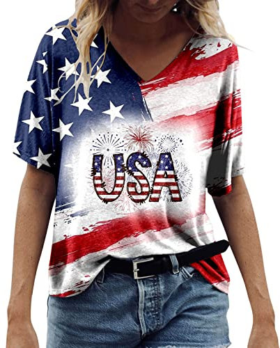 Karo Kauer Damen Frauen Sommer Einfache Casual V-Ausschnitt Kurzarm Tops Bunte Unabhängigkeit Tag Drucken T-Shirt Tops