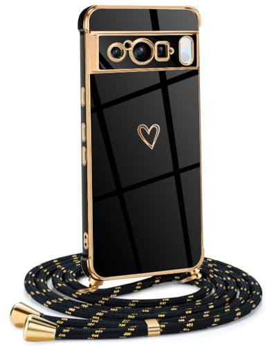 Mkej Frauen Mädchen Handykette Kompatibel mit Google Pixel 8 Pro - Silikon Hülle mit Band - Handyhülle für Google Pixel 8 Pro Herz Love Design Galvanik - Hülle mit Kordel in schwarzes Gold