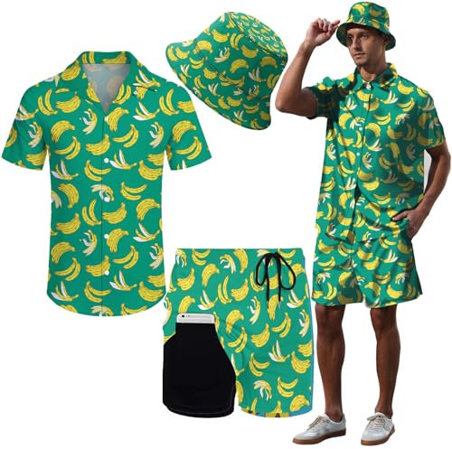 Hawaiianische Herren-Outfits, 2-teilig, Rave-Hemden, Shorts, tropisches Set mit Hut, Banane + Mütze, Large