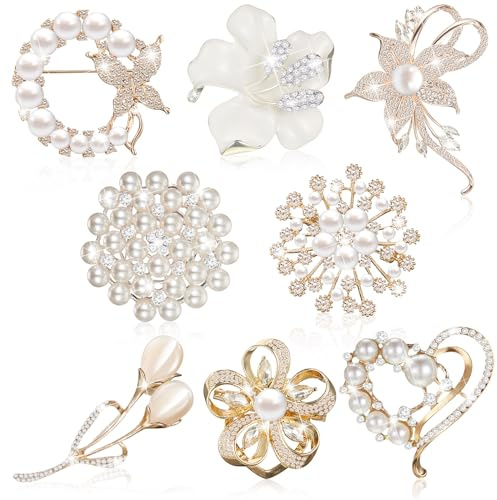 Ecally 8 Pcs Brooches and Pins for Women, Flower Crystal Pearl,Groovy