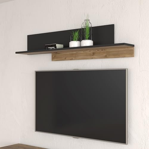 Forte HAYATO Wandboard 150 160, Wandregal, Wandpaneel, Wohnzimmerdekoration, Dekoregal, Holzwerkstoff, Schwarz/Alpenfichte Holzdekor, 154 cm breit x 35,4 cm hoch x 21,9 cm tief