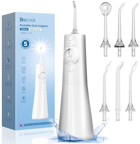 Bezvoi Hydropulseur Dentaire Jet: Irrigateur buccal avec 5 modes, réservoir d'eau de 300 ml, nettoyeur de dents électrique étanche IPX7, avec 6 embouts pour gencives appareils dentaires orthodonti