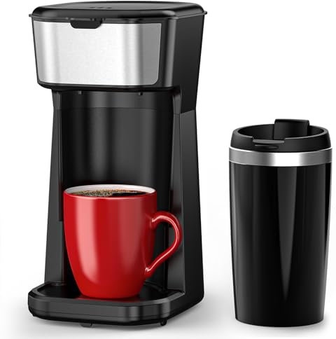 Personal Single Serve Coffee Maker - Quick Brew with Grounds and Tea Bags (Not Compatible with K-Cups), Includes 14oz Travel Mug, One-Touch Operation