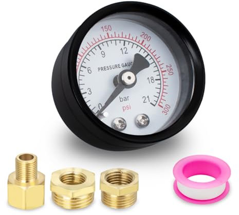 Innfeeltech 1 manómetro de bomba de pozo de 50 mm BSP 1/4 0-21 Bar 0 a 300 psi, con 2 casquillos y 1 Junta reductora hexagonal, 1 cinturón de politetrafluoroen, axial