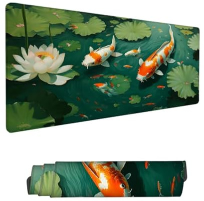 Lotus Mauspad XXL 1200x600x3mm,Mousepad Koi Schreibtischunterlage,Wasserdichter Gaming Mauspad,Desk Mat mit Genähten Kanten,Mouse Pad mit Rutschfester Gummiunterseite Gaming Zubehör,Geschenk Hs-97