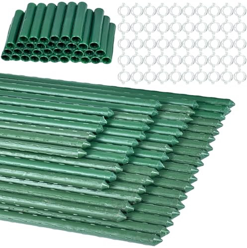 50 pali per piante da giardino verdi, 11 mm x 40 cm, tubi in acciaio rivestito in plastica, per piante con 36 connettori e 50 clip trasparenti, robusti pali da giardino per sostenere verdure, fiori