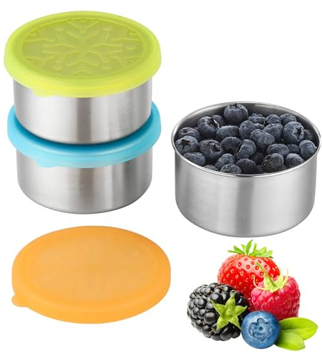 Misichao 3Pcs Stainless Steel Snack Pots To Go Leakproof Small Food Storage Containers Reusable Bento Lunch Snack Boxes Tubs Metal Salad Dressing Sauce pots with Silicone Lids for kids and Adults