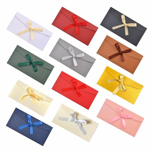 12 Stück Briefumschläge Bunt Farbige Umschläge Perlglanzpapier mit Bändern | Retro Kraftpapier Umschlag mit Schleife für Einladungen Geschenkkarten Weihnachten