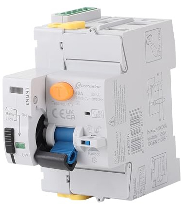 Electraline 87016 Interruttore differenziale, 40A, 1P+N, 30mA 2 mod. type A, riarmo automatico, Grigio