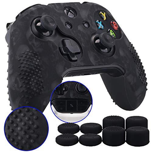 9CDeer 1 Pezzo di Stampa con Personalizzato Silicone Copertina Pelle Manica Caso + 8 Thumb Grips per Controller Xbox One/S/X Teschio nero Compatibile con Adattatore Stereo per Cuffie Ufficiale